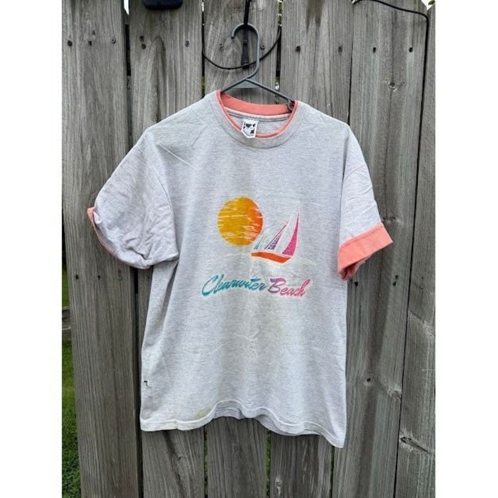 Vintage 80s 90s LA Sportswear Clearwater Beach T-Shirt Large Gray Ringer Tee